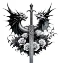 abstract celtic dragon, spread wings, sword, roses tattoo design idea