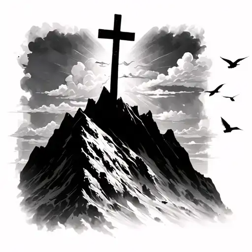 cross with faded clouds at the top and the cross on top of a mountian and some birds flying around tattoo design idea