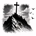 cross with faded clouds at the top and the cross on top of a mountian and some birds flying around tattoo design idea