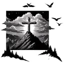 cross with faded clouds at the top and the cross on top of a mountian and some birds flying around tattoo design idea