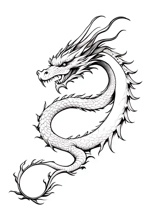 a Japanese dragon drawn only with black lines, without fills. tattoo design idea