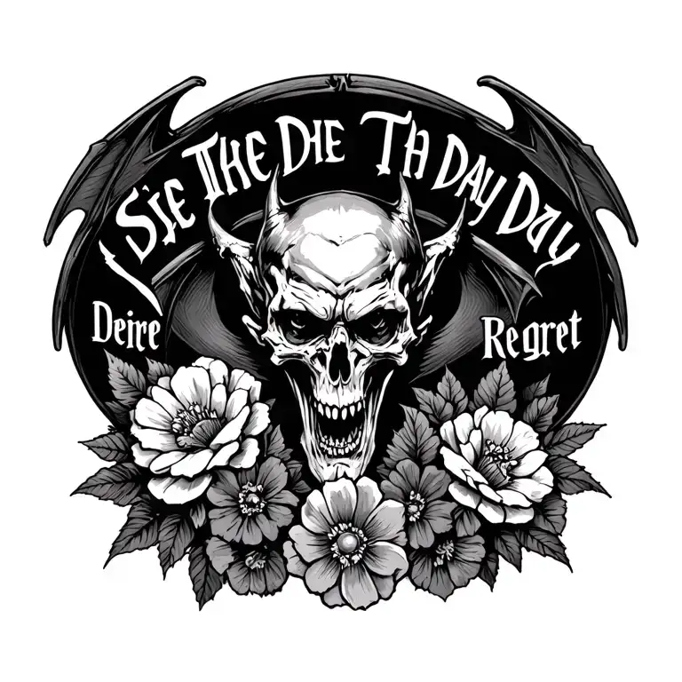 "Seize the Day or Die Regret" death bat with flowers tattoo design idea