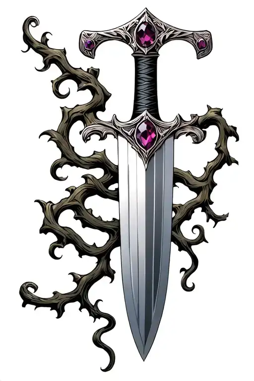 A broadsword pointed downward wrapped in vines. The hilt is inlaid with amethyst and garnet. tattoo design idea