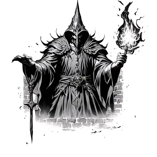 Witch king of Angmar casting a spell with a crumbling brick wall background tattoo design idea