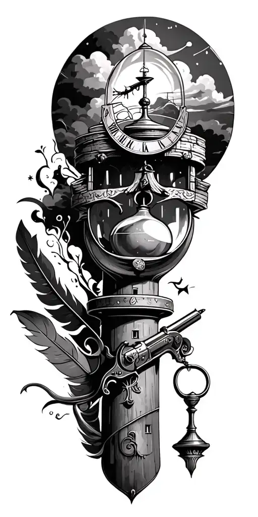 flintlock pistol, lighthouse, hour glass, quill pen tattoo design idea