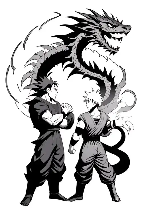 Goku with dragon shinron behind him facing off with Naruto with the 9 tails behind him tattoo design idea