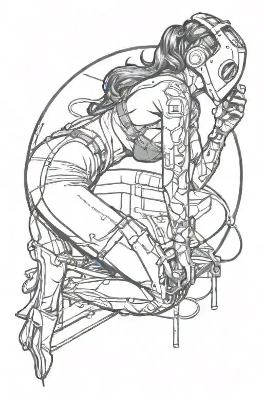 sexy pin up donning welding mask and lingerie, big, round ass,  over on her knees using torch, she's very fit. not weird tattoo design idea