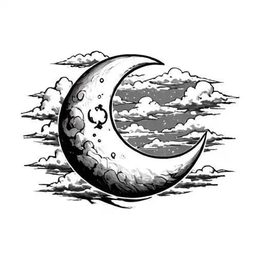large crescent moon with clouds tattoo design idea