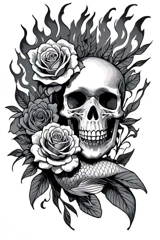 cybersiglism, skeleton bones, roses, fire, and a koi fish tattoo design idea