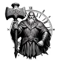 a real Viking figure holding Thor's hammer, in the background a clock without hands and a rune of life tattoo design idea