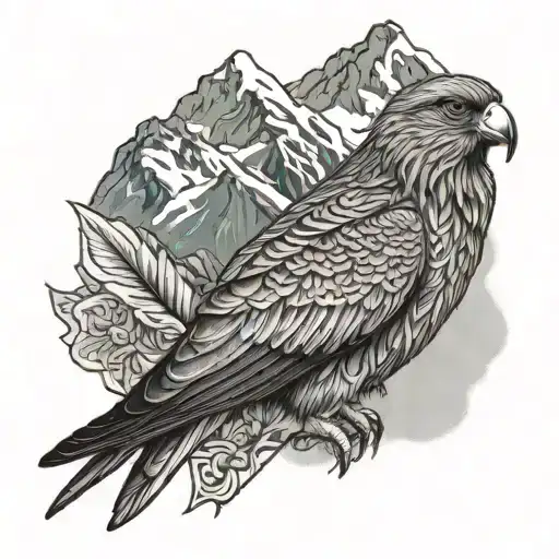 Kea bird in front of mount cook with New Zealand Maori background lines/geometry tattoo design idea