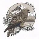 Kea bird in front of mount cook with New Zealand Maori background lines/geometry tattoo design idea