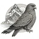 Kea bird in front of mount cook with New Zealand Maori background lines/geometry tattoo design idea