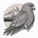 Kea bird in front of mount cook with New Zealand Maori background lines/geometry tattoo design idea