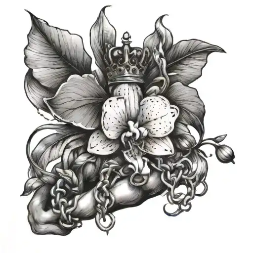  a black hand holding a orchid with vines and chains wrapped around it, and a bee on top with a crown  tattoo design idea