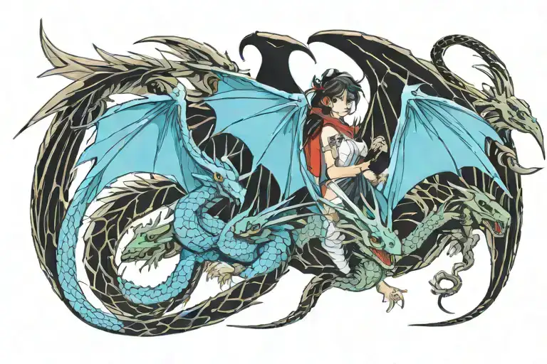 3 big dragons and two small lizards wearing fake wings  tattoo design idea