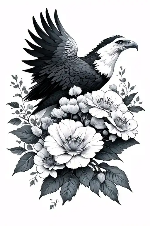 Adler, mountains, flowers tattoo design idea