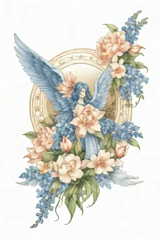 Angel wings surrounded by larkspur and peony flowers tattoo design idea