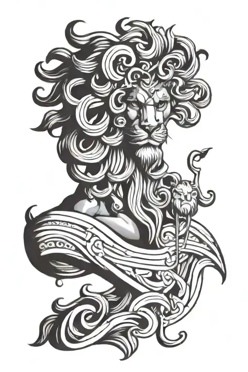 minimalistic single line male greek god and lion tattoo design idea