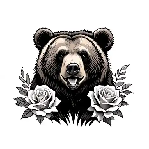 grizzly bear and roses tattoo design idea