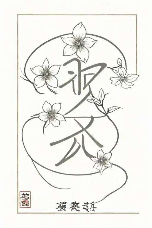 japanese oubaitori kanji with corresponding flowers and japanese text below tattoo design idea