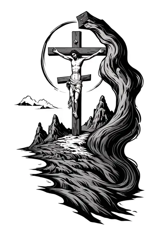 A thick line. On inside  the like turns into a small mountain with the 3 crosses during the crucifixion. tattoo design idea