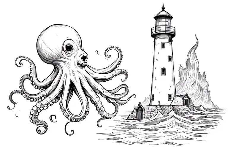 lighthouse and octopus holding tattoo design idea