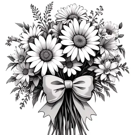 bouquet of flowers, aster, daisy, snowdrop daffodil, chrysanthemum with a bow holding it together  tattoo design idea