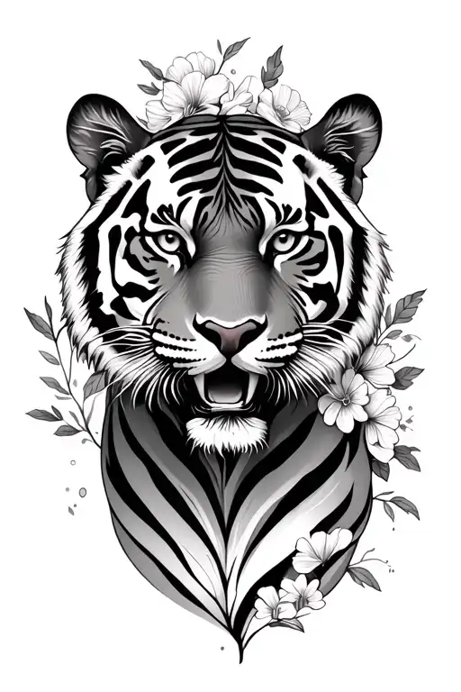tiger, flowers, bible verse written tattoo design idea