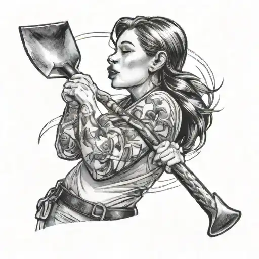 Girl licking shovel leaning tattoo design idea