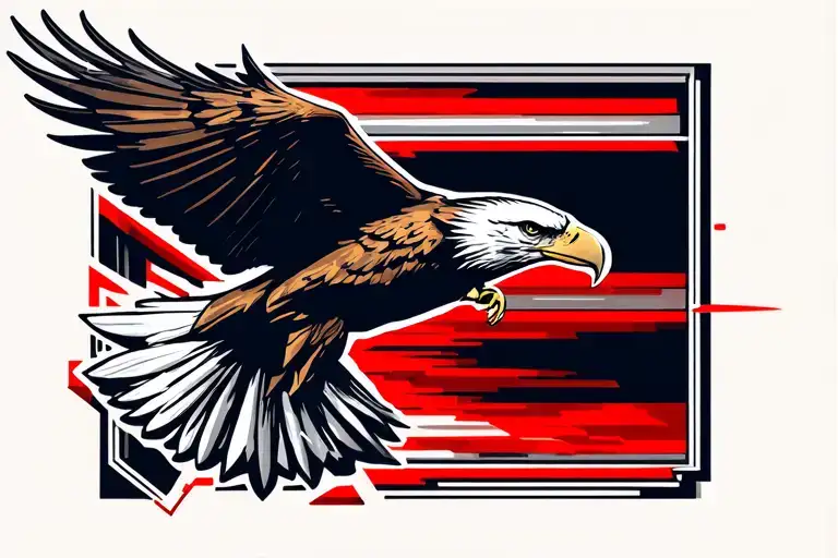 Bald eagle flying straight at the point of view, obviously at high speed, wing feathers alternatel red then white tattoo design idea