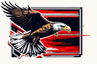 Bald eagle flying straight at the point of view, obviously at high speed, wing feathers alternatel red then white tattoo design idea