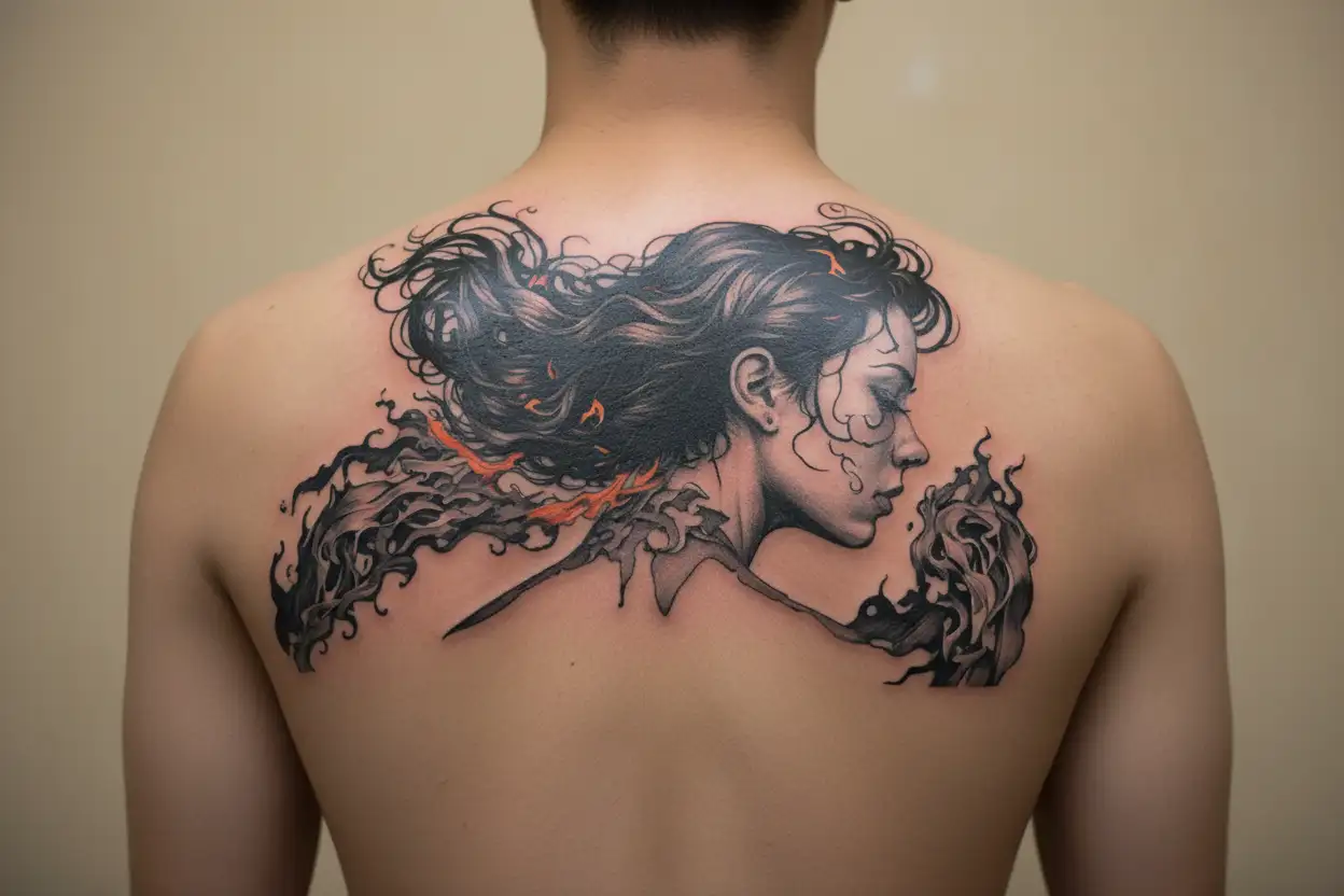 Black silhouette of a girl with short red hair against a background of fire, notes bursting out of her chest or throat.  tattoo design idea