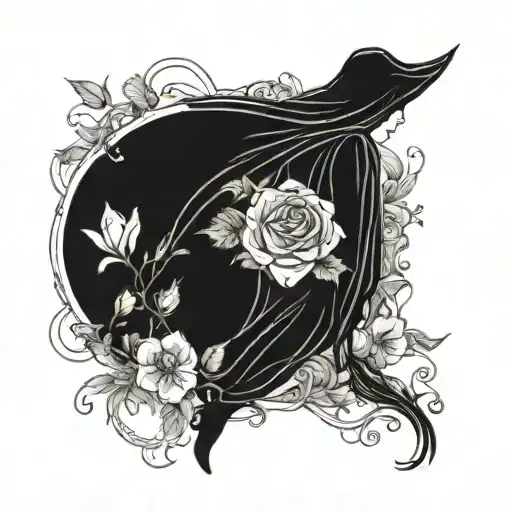 A ghostly figure delicately holding a bouquet of vibrant, otherworldly flowers tattoo design idea