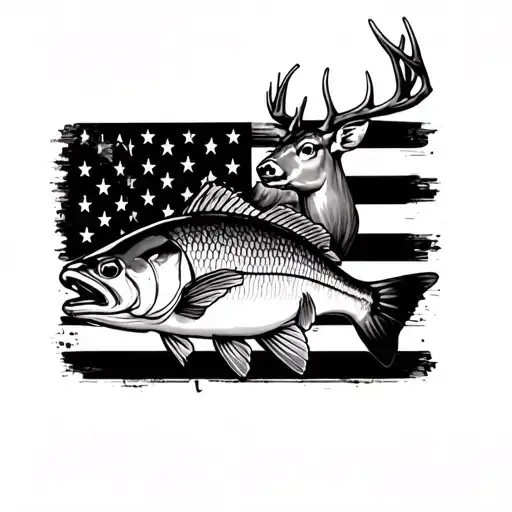 arm sleeve with police flag tattoo, a striped bass, some sort of bowling and a deer  tattoo design idea
