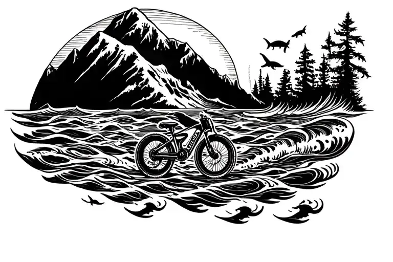 Jeep mountain bike sun sea creatures swimming gracefully tattoo design idea