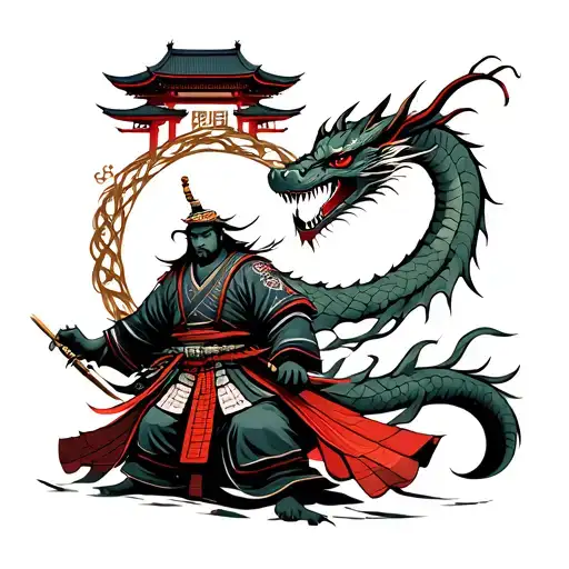 Samurai with temple in the back surrounded by ouroboros dragon graphic sketch  tattoo design idea