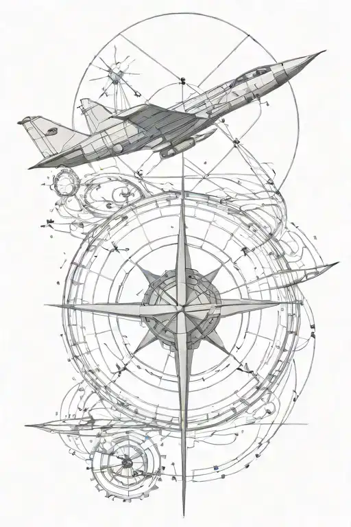 golden ratio spiral as wave, with compass design and fighter jet tattoo design idea