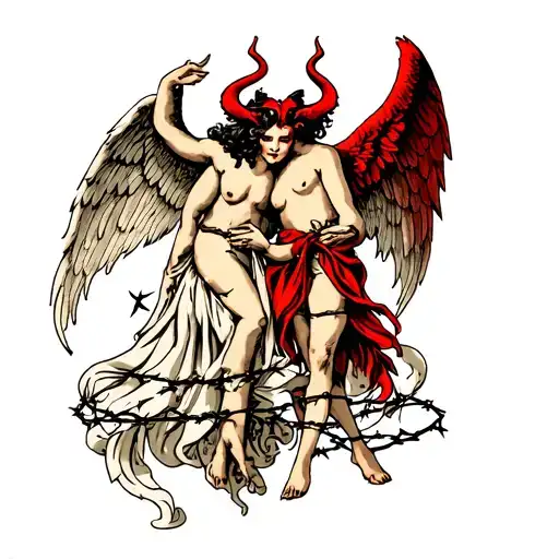 devil and angel in traditional style featuring wings and barbed wire tattoo design idea