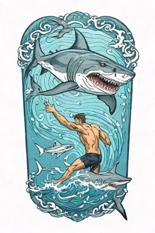  swimming athlete and shark tattoo design idea