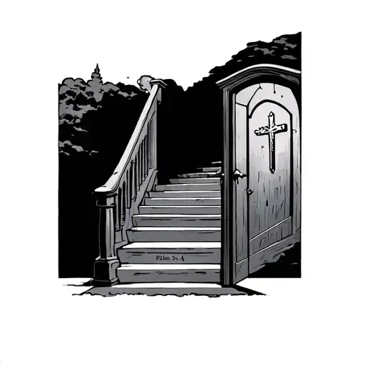 i want a stairs leading to heaven with open doors at the end in the right corner it needs to have a cross and Psalm 23:4 tattoo design idea