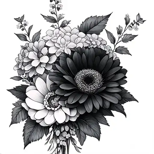 peonies, hydrangea, wisteria, rose, gerbera daisies intertwined tattoo design idea