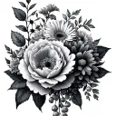 peonies, hydrangea, wisteria, rose, gerbera daisies intertwined tattoo design idea