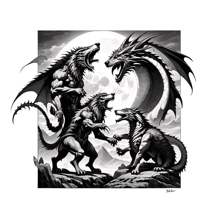 odin fighting spartan mountains dragons wolves howling at the moon tattoo design idea