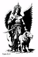 "Psalm 91:11" archangel Michael brandishing and sword standing in awe of the lion and the lamb tattoo design idea
