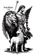 "Psalm 91:11" archangel Michael brandishing and sword standing in awe of the lion and the lamb tattoo design idea
