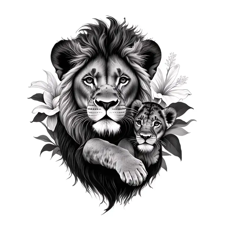 mama lion; 2 cubs playing; hibiscus flower tattoo design idea
