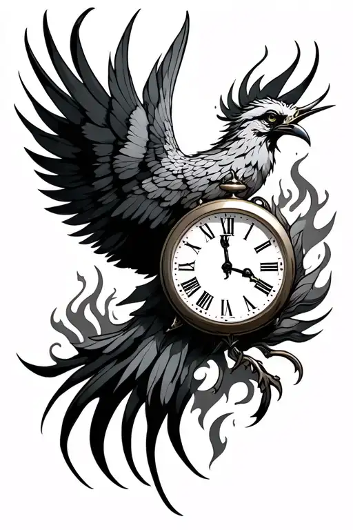 Birth Clock burning with phoenix bird tattoo design idea