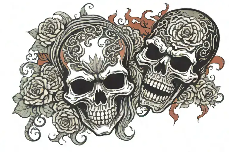 Japanese mask breaking in half vertically with a skull emerging with flames and roses coming out of the background tattoo design idea