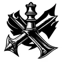 A rook chess piece is placed crosswise on a medieval halberd. tattoo design idea